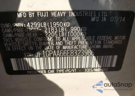 2014 Subaru Impreza 2.0I из США, поврежденный, VIN JF1GPAA66E8323986